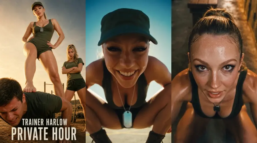 TRAINER HARLOW: PRIVATE HOUR – cover, episode 1 and episode 2 frames